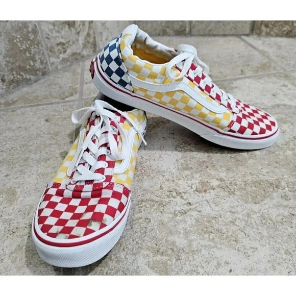 Vans Youth 7 Red Yellow Blue Checkerboard Low Top Skate Shoes Retro Classic - Picture 6 of 8